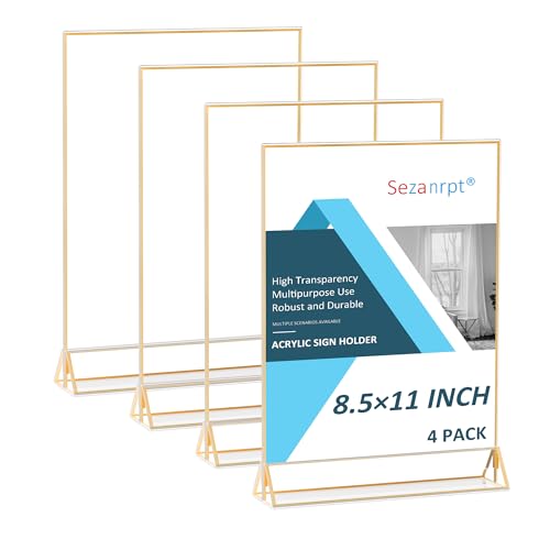 sezanrpt 85x11 vertical acrylic sign holder with gold boarder 4 pack clear menu holder for tabletop restaurant retail paper holder picture frame certification frame 85x11 - vertical