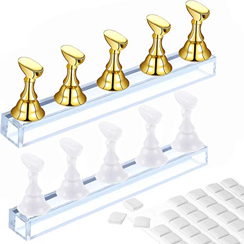2 Set Acrylic Nail Practice Stand Magnetic Nail Tip Art Display Stand Holder Manicure Tool with Reusable Adhesive Putty Clay for Home Salon Makeup