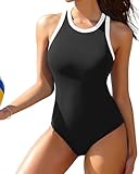Charmo Sporty One Piece Bathing Suits High Neck Swimsuit Women Tummy Control Sporty Swimwear Black