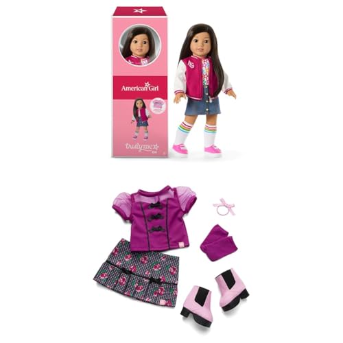 Image of Bundle of American Girl, Truly Me 18-inch Doll #124 with Brown Eyes, Straight Black-Brown Hair, Light-to-Medium Skin, Ages 6+ + Truly Me 18-inch Doll Outfit, Bows & Blooms Outfit, for Ages 6+