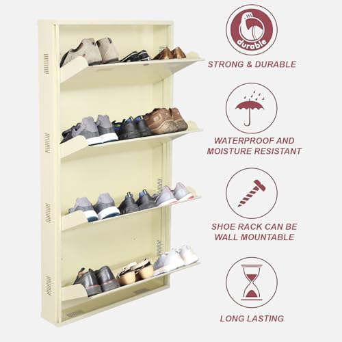 Image of Metal Shoe Rack Wall Mounted for Home with Central Locking | 4 Door 28 inch Wall Mounted Metal 12 Pair Shoe Rack Cabinet | Pre-Assembled Rack Shelves | 3 Year Warranty (Ivory)