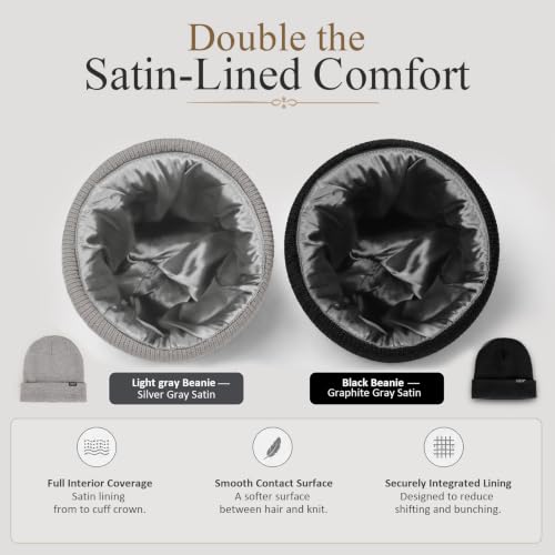 Image of 2 Pack Satin Lined Beanies for Men and Women Warm Cuffed Winter Hats