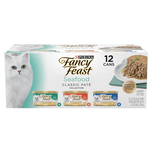 Purina Fancy Feast Seafood Classic Pate Collection Grain Free Wet Cat Food Variety Pack - (2 Packs of 12) 3 oz. Cans