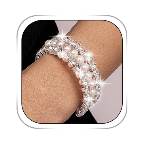 Dmaiy Pearl Rhinestone Bracelet Silver Layered Bracelets for Women Vintage