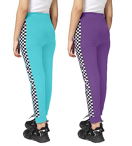 Image of KYDA Kids Girls 100% Cotton Chess Print Track Pants | Elastic Waist Regular Fit | Soft Breathable Kids Casual Wear with Side Pockets Multicolor (Pack of 2)