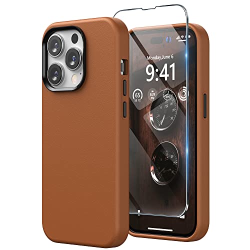 SURPHY Hülle für iPhone 14 Pro Max Leder Hülle mit Displayschutzfolie Kunstleder Handyhülle iPhone 14 Pro Max Case 6 7 Zoll iPhone 14 Pro Max Dünne Schutzhülle (mit Mikrofaserfutter) (Braun)