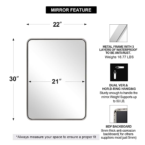 Image of ANDY STAR Chrome Bathroom Mirror, 22x30'' Rounded Rectangle Polished Nickel Mirror for Vanity, SUS304-Anti-Rust, Wall-Mounted Vertical /Horizontal 1'' Deep
