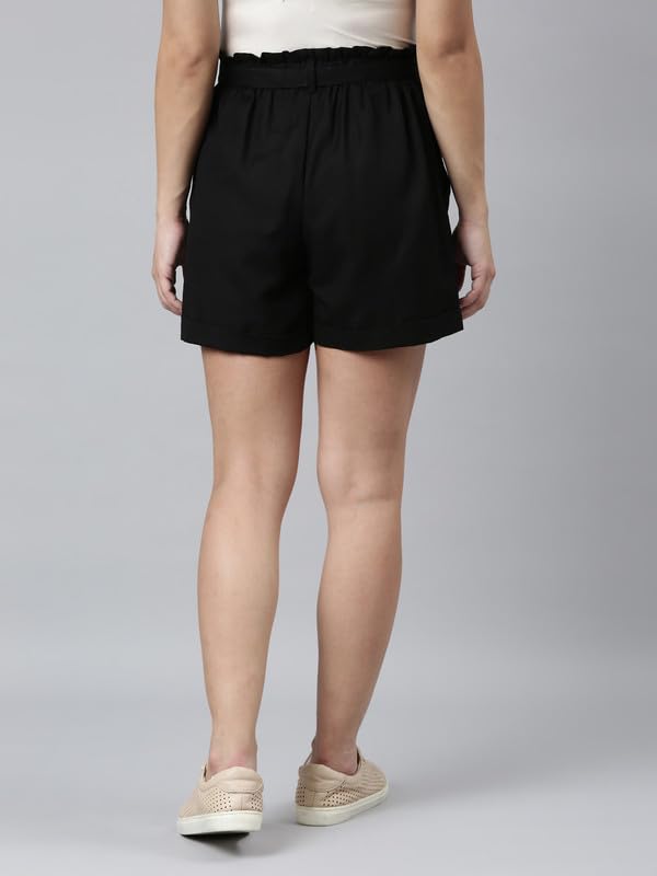 Image of GO COLORS Women Solid High Rise Relaxed Fit Linen Shorts