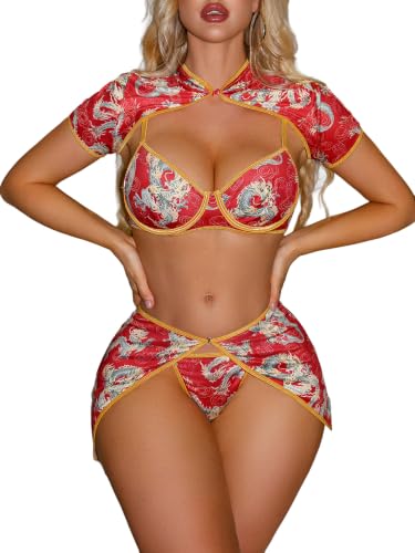 Image of Alrovetoney Sexy Lingerie Fantasy Costume Sexy Series Printed Cut-Out Slit Women's Costume Red S-XXL