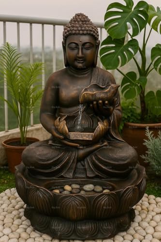 Image of Big Kamal White Buddha Fiber Indoor Outdoor Fountain with Led Lights for Home Decor and Office Decoration Or Gifting (53L x 42W x 84H) (Lotus Wine New)