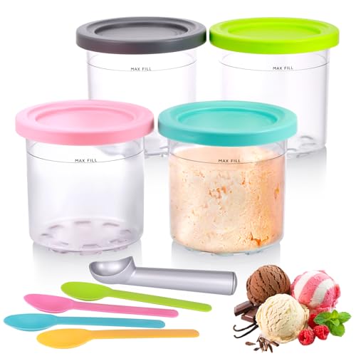 Hejo 4 Pack Ice Cream Tubs for Ninja CREAMi NC300UK Series 16 oz Pint Containers with Lid for Ninja Ice Cream Accessory Includes 4 Spoons + Aluminum Scoop