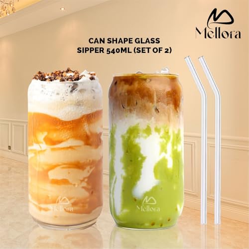 Image of MELLORA Can Shape Glass Tumbler with Straw - Pack of 2 | 540ml Each Transparent Sipper for Mocktails & Cocktails | Ideal for Summer Travel, Outings & Daily Use | Combo Pack for Couples & Unisex