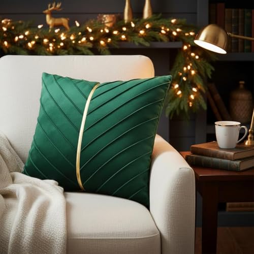 Image of Velvet Throw Pillow Covers 16x16 Pack of 2 Gold Decor Dark Green