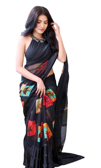 Women's Printed Georgette With Sattin Saree With Unstiched Blouse