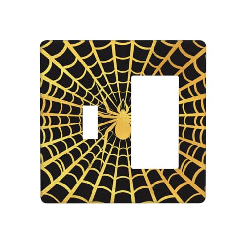 Decorative Outlet Covers Black Background with Golden Spiderweb Spider 2 Gang Outlet Cover Wall Plate Single Toggle Rocker Light Switch Cover Plate Switch Plate Covers
