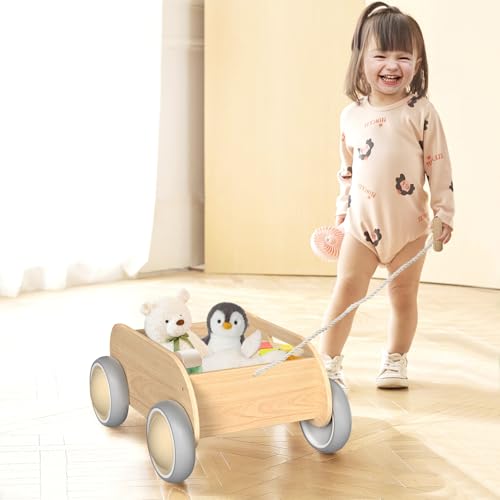 Wooden Baby Walker, Push and Pull Learning Walking Toys for Babies Infants to Toddler, Walker with Wheels for Boys Girls, Gift for Birthday Christmas, Natural