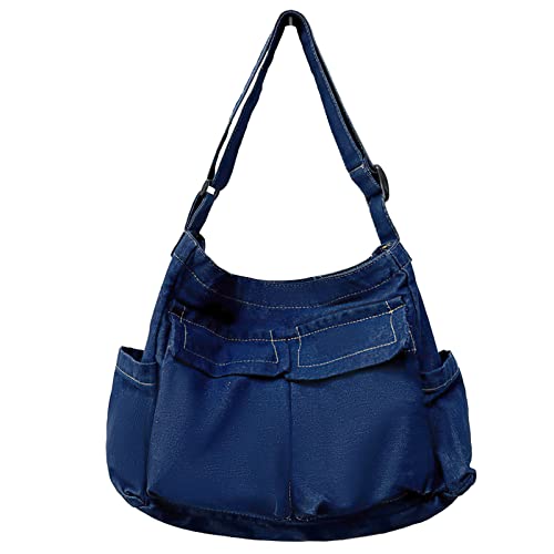 Image of LassZone Canvas Messenger Bag Large Crossbody Bag Hobo Shoulder Handbags Multi Pocket Denim Tote Bag for Women or Men