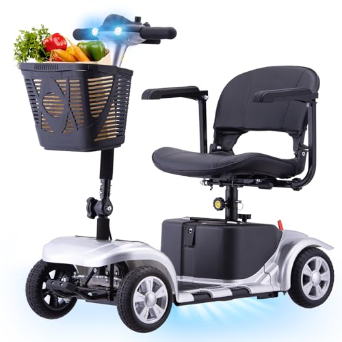Mobility Scooter for Seniors, Adults, 4 Wheels Removable Electric Powered Chargeable Device, Foldable and Portable, with LED Headlights and Basket, Charger Include (Silver/Black)