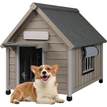 Ketive Dog House Outdoor Weatherproof,Wooden DogHouses for Medium Small Dogs, Indoor & Outdoor with Anti-Chewing Iron Frame, Ventilated Window, Easy Assemble, 26" L x 32" W x32 H