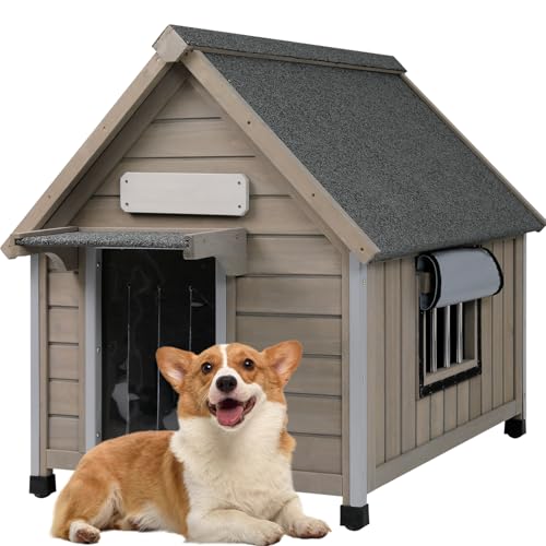 Dog House Outdoor Weatherproof,Wooden DogHouses for Medium Small Dogs, Indoor & Outdoor with Anti-Chewing Iron Frame, Ventilated Window, Easy Assemble