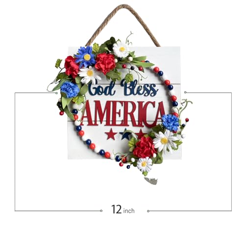 Idyllic God Bless America Sign Wreath For Front Door, 12 Inch Red White And Blue Artificial Flower Wooden Sign Wreath For Memorial Day Independence Day Decoration thumb #2