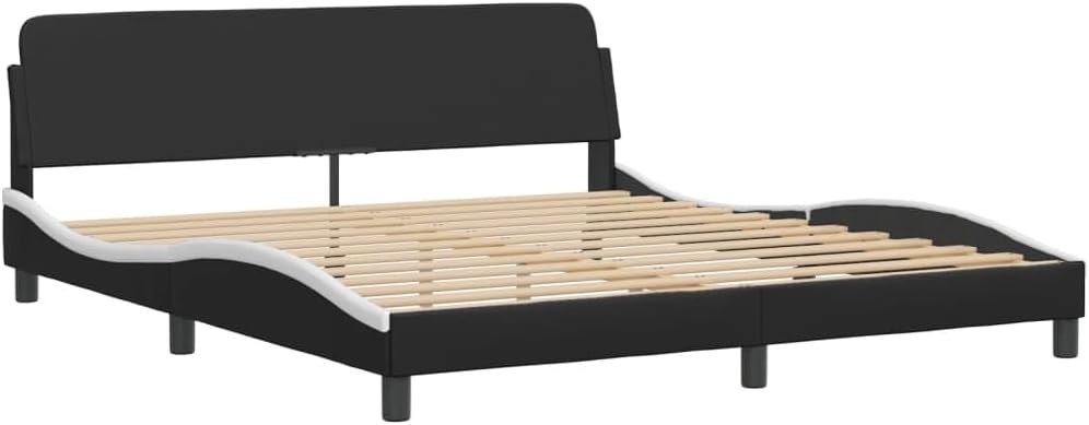 Bed Frame with LED Lights Black and White 72"x83.9" Durable Faux Leather Platform with Plywood Slats Sturdy Heavy-Duty Foundation No Box Spring Needed Modern Bedroom Furniture