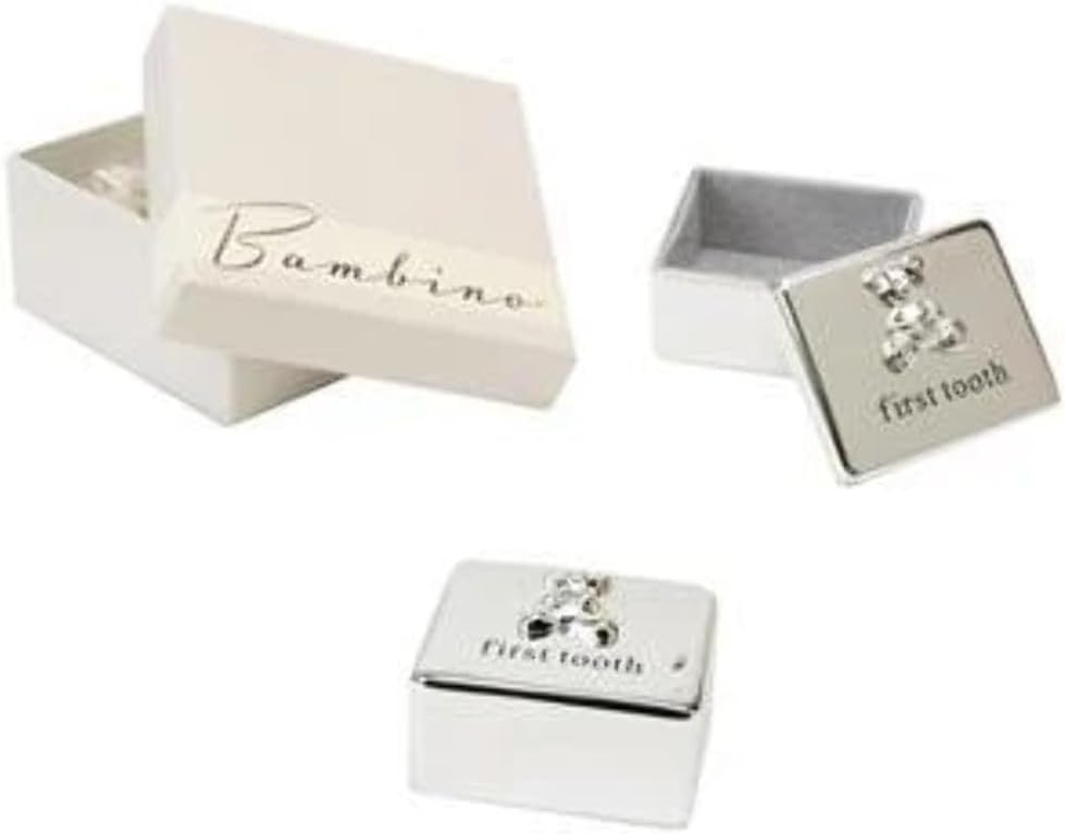 Bambino Baby Christening Gifts. Silverplated First Tooth Keepsake Box with Teddy Bear Decoration