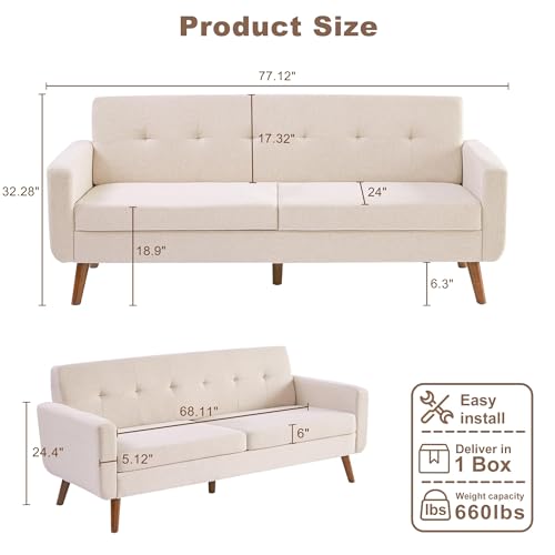 Tbfit 77.2" W Linen Sofa Couch, Mid Century Modern Decor Loveseat Couches for Living Room, Button Tufted Upholstered Small Couch for Bedroom, Solid, and Easy to Install Love Seats Furniture, Oatmeal