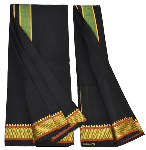 Image of TUNI MANI Men's Panchakacham Dhoti with Angavasthram with Zari Border, Cotton, Size: 9 X 5 (4.0mtr Dhoti, 2.25mtr Towel)
