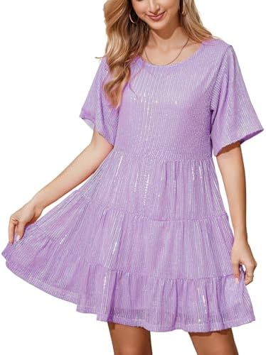 MAYSTEPPE Sparkly Glitter Dress, Sequin Babydoll Summer Dress Short Flowy Tiered Tunic Dress for Women Party Club Night(Purple)