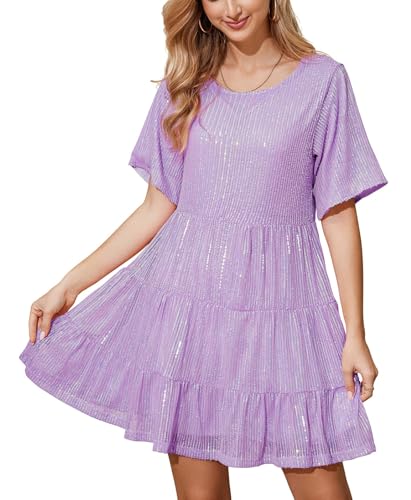 MAYSTEPPE Sparkly Glitter Dress, Sequin Babydoll Summer Dress Short Flowy Tiered Tunic Dress for Women Party Club Night(Purple)