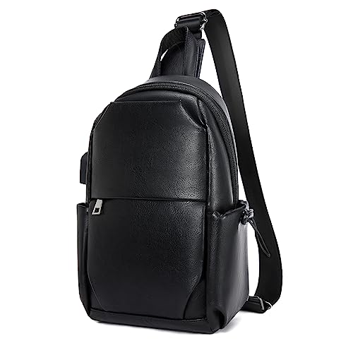 Bostanten Sling Bag Leather Crossbody Backpack Shoulder Bag For Men Travel Hiking Everyday Use, Black #TOP25