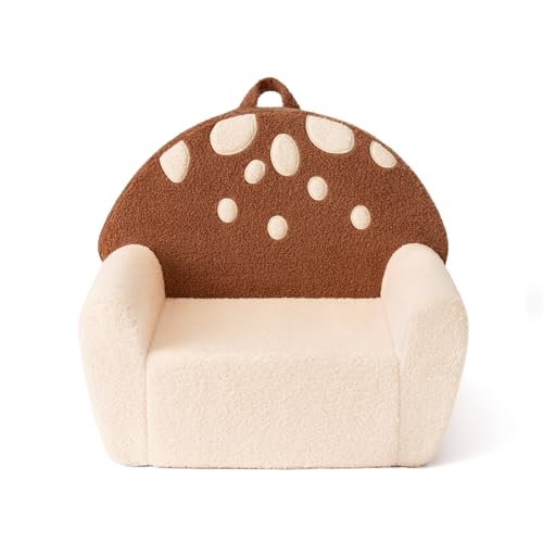 Image of Blissful Diary Toddler Chair Comfy, Foam Kids Chair with Soft Teddy Plush, Toddler Reading Armchair with Cute Mushroom Designs- Brown