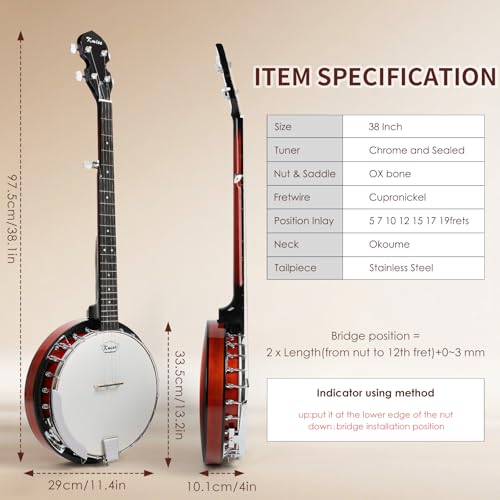 kmise banjo 5 string banjosprofessional full size 38 inch open or closed back with resonator bridge strings pack finger picks strap case tuner accessories set gift choice for adults beginner