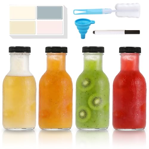 MEETOZ 4 pack 250ml Glass Juice Bottles with Lids Reusable Clear Glass Bottles for Family camping school travel Smoothie Milk Juicing Sauce Jar and Other Drinkings
