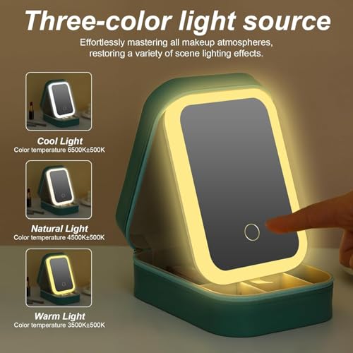 Image of APOPHIS Small Travel LED Makeup Mirror Case with 3 Adjustable Color Light Settings, Dust-Proof Jewelry Box, Mini Cosmetic Train Case Ideal for Short Trips, White, Cosmetic Bag with Led Mirror (Green)