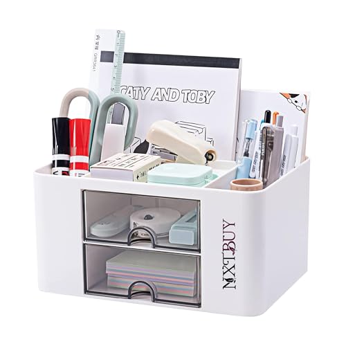Image of NXTBUY Plastic Desk Organizer with Drawer | Desktop Office Stationery Storage Box | Desk Accessories Organizer | Mobile Phone Holder | Table Organizer for Study & Office Use (White)