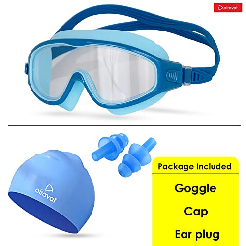 Image of AIRAVAT Macho swimming goggles for Kids Children Teens, polycarbonate goggles, Anti-Fog, Anti-UV, Wide View Swimming Goggles, Free size (Blue Combo)