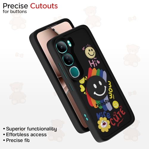 Image of Pikkme Back Cover for Vivo Y300 5G / Vivo V40 Lite 5G | Soft Silicone| Cute Rainbow Smile & 3D Cartoon Flower Design | Shockproof Raised Camera Protection Bumper Case (Black)