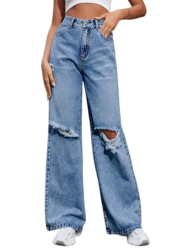 Women's Wide Leg Ripped Baggy Jeans Distressed Stretchy High Waist Loose Fit Boyfriend Denim Pants Y2K