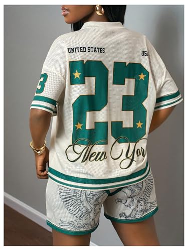 Women's 2 Piece Outfits Jersey Shirts Number Letter Graphic V Neck Tee and Shorts Tracksuits4