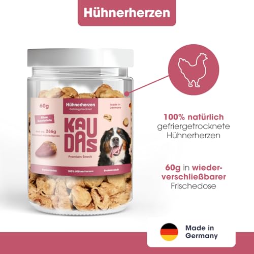 KAUDAS HühnerherzenPur Natursnack – 5 x 60 g gefriergetrocknetes Hühnerherzen Leckerli Hund mit hohem Proteingehalt, 100% natürlicher Hundesnack je 286g Rohgewicht – ohne Zucker & Zusatzstoffe