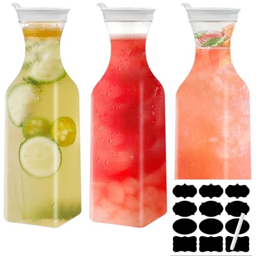 1.5L / 50 Oz Water Carafe Pitcher 3 Packs Square Base Juice Containers for Fridge Juice Jugs with Flip Top Lid Clear Plastic Pitcher for Iced Tea Powdered Juice Cold Brew Lemonade