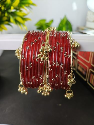 Image of NMII Viral Multi Colour Glass Bangles with Golden Ghungroo Charms & Stone Work For Women & Girls | Fancy Designer Glass Bangle | Traditional Chudi | Kanch Ki Churi | Stylish Ghungroo Bangle For Women
