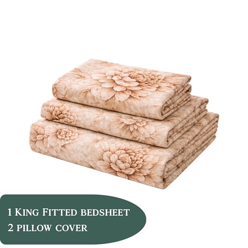 Image of THEA King Elastic Fitted Double Bedsheet Set| 100% Cotton Like Soft Fabric | Microfiber King Elastic Double Bedsheet for King Size Bed (72 X 78 x 10 inches) with 2 Pillow covers,Mocha Bloom