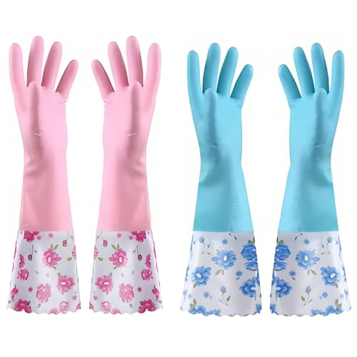 WENJION 2 Pairs of Cleaning Gloves, Long Waterproof Rubber Gloves with Flock Lining, Reusable Non-Slip Latex Gloves for Dishwashing, Gardening, and Bathroom Cleaning (Medium)