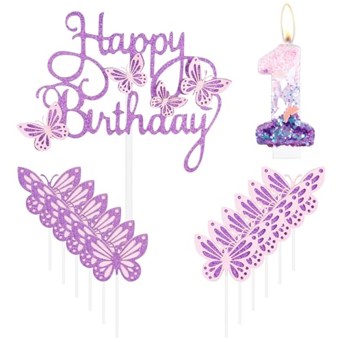 iNINGER Birthday Candles,Number 1 Candle,Butterfly 1st Birthday Decorations for Women/Girl,Cupcake Candle for Party,Purple Handmade Sequin Numeral Candle Wedding Cake Topper Anniversary Party Decor