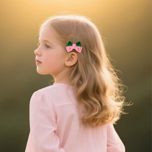 Wecoe 2 piezas Pinzas para el cabello de lazo de terciopelo, lazos de doble capa rosa y verde para niñas y mujeres miniatura 2