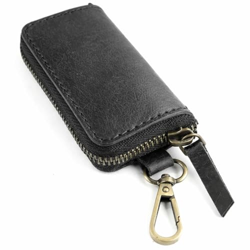 Image of Handmade Full Grain Leather Car Key Holder & Zippered Coin Purse | Belt Loop Key Chain, Compact Earphone Holder Multi-Functional Money Purse Elegant Leather Accessory Versatile Key Organizer (Black)