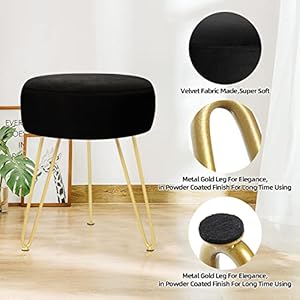 Velvet soft modern vanity footstool round footrest stool ottoman side table seat dressing with golden metal leg and sponge fillingupholstered foot rest for living room and bedroom black  urban country home decor